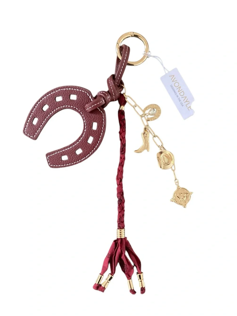 Avondayle Burgundy Leather Horseshoe Bag Charm NWT Gold Tassel Keychain Accessor